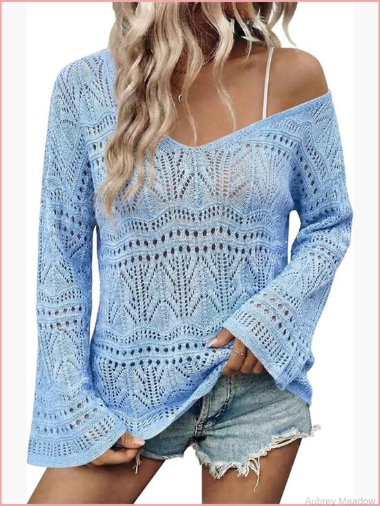 Sweaters - Crochet Off Shoulder Sweater Bell Sleeve Boho V-Neck